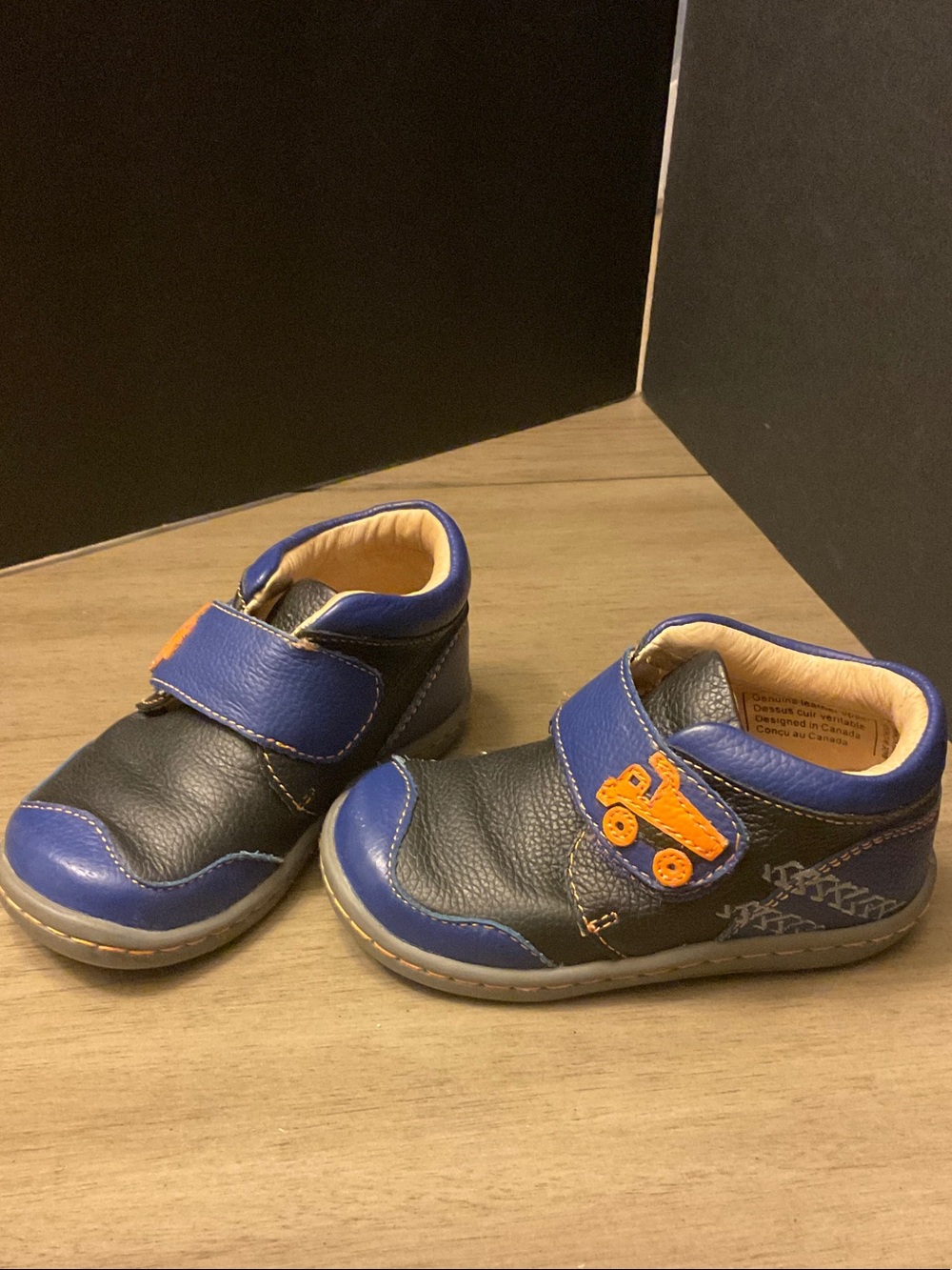 Robeez Black and Blue Leather Velcro Shoes with Orange Truck